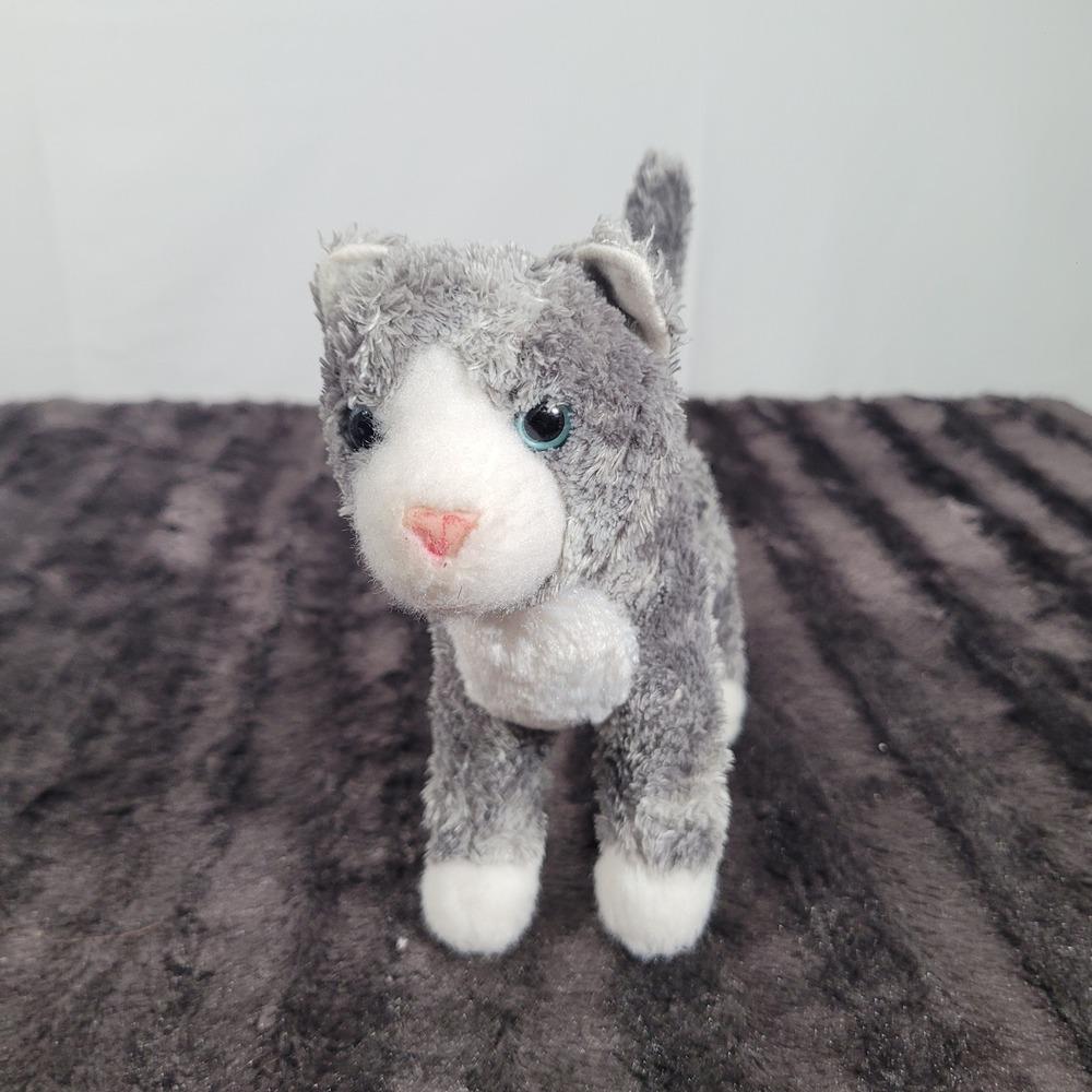 Dougls Grey and White Cat Plush Standing Kitten Stuffed Animal Blue Eyes 7 inch